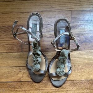 Badgley Mischka Metallic Gold Strappy Sandals with Fabric Floral Detail